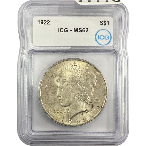 1922 Silver Peace Dollar ICG MS62