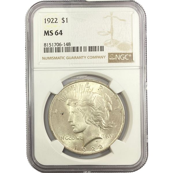 1922 Silver Peace Dollar NGC MS64