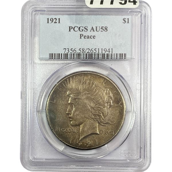 1921 Silver Peace Dollar PCGS AU58