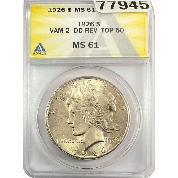 1929 Silver Peace Dollar ANACS MS61 VAM-2 DD
