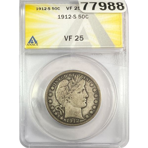 1912-S Barber Half Dollar ANACS VF25