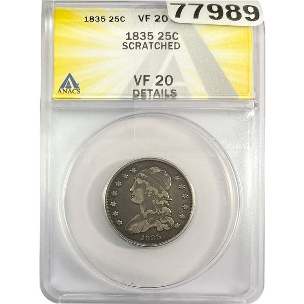 1835 Capped Bust Quarter ANACS VF20 DETAILS