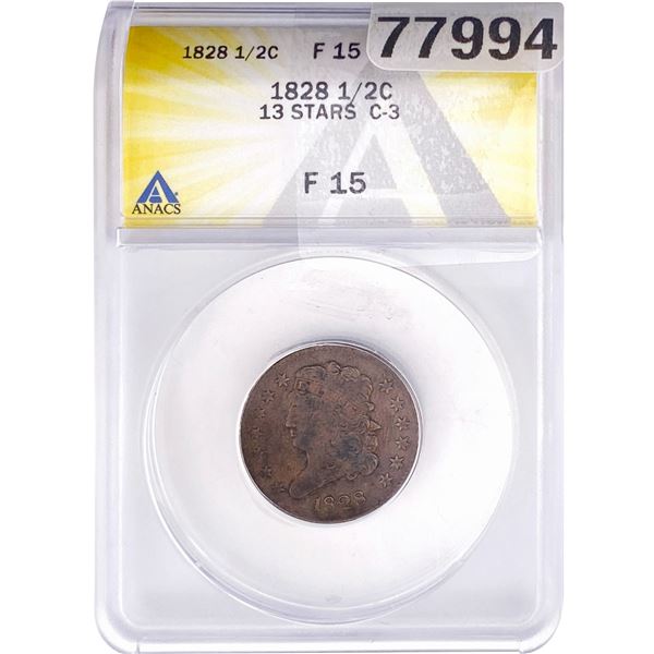 1828 Classic Head Half Cent ANACS F15 13 STARS C-3