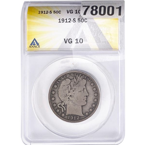 1912-S Barber Half Dollar ANACS VG10