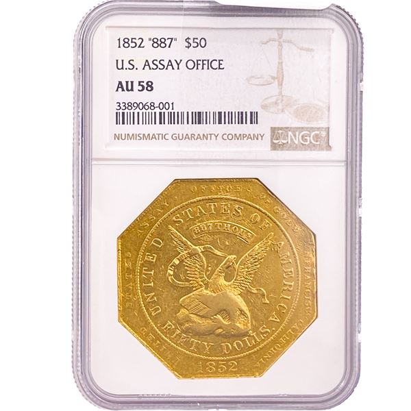 1852 "887" Gold $50 U.S. Assay Office NGC AU58