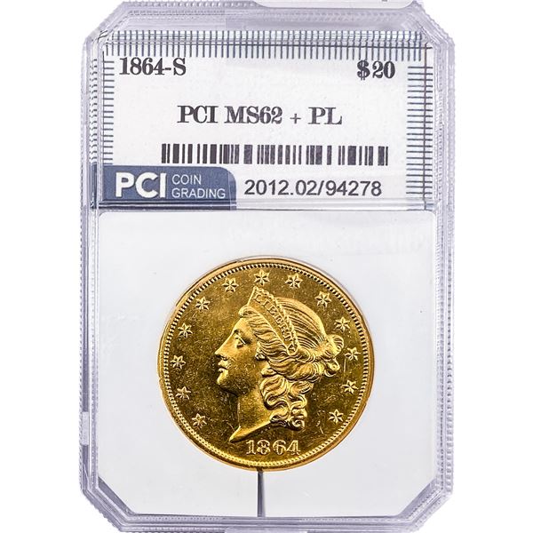 1864-S $20 Gold Double Eagle PCI MS62+ PL