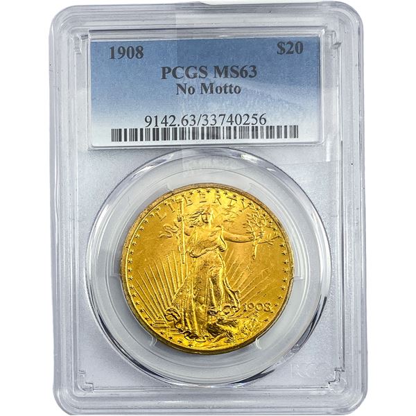 1908 $20 Gold Double Eagle PCGS MS63 No Motto