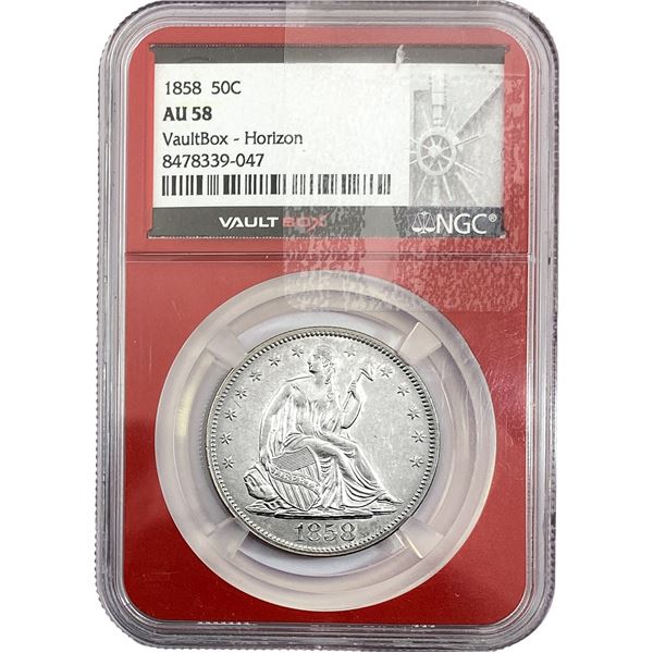 1858 Seated Liberty Half Dollar NGC AU58 Vaultbox