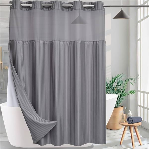 1 Ring Less Shower Curtain with Snap-In Removable Liner for Bathroom - Grey (54" x 74") New