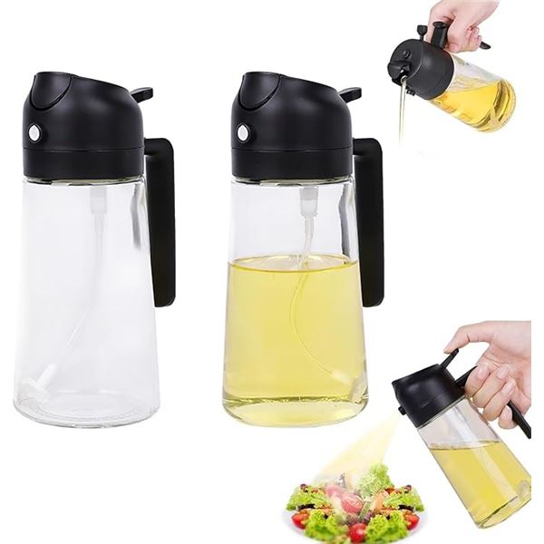 Lot of 2 Multi-Function Glass Olive Oil Sprayers with Comfort Grip Handle (470ml) - New