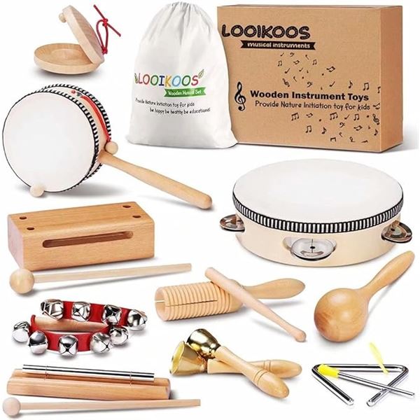 Kids Wooden Musical Instrument Toy Set with Storage Bag - Education Musical Instrument Set - New