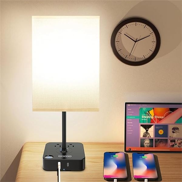 Cozoo Bedside Table/Desk Lamp with USB Charging Base & White Fabric Shade - New
