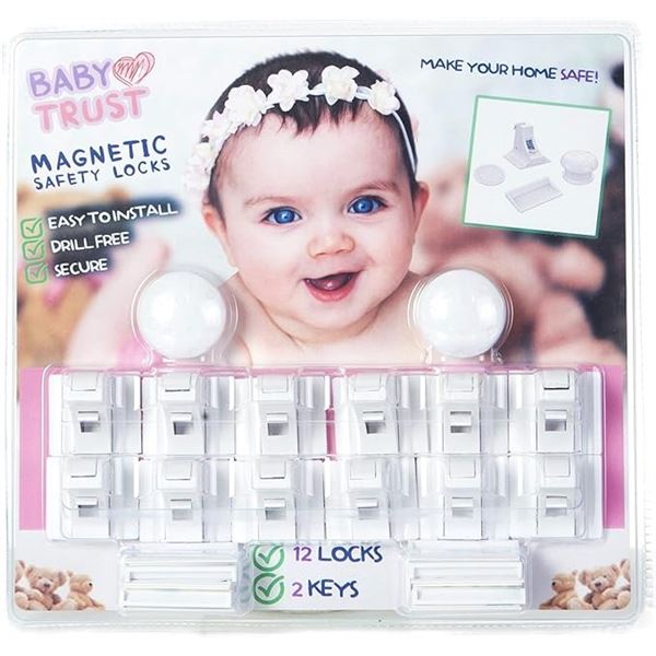 BabyTrust Magnetic Cabinet Safety Locks/Baby-Proofing Cabinet Lock Set (12pcs) - New