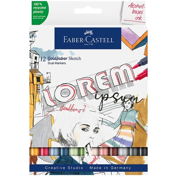 Faber-Castell 12-Pack Goldfaber Sketch Dual Artist Markers (Alcohol-Based Ink) - New