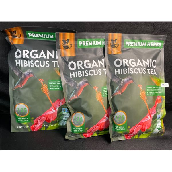 3 Bags of Premium Herbs Organic Hibiscus Herbal Tea - 120 Tea Bags Each - New (Exp: 02/2026)
