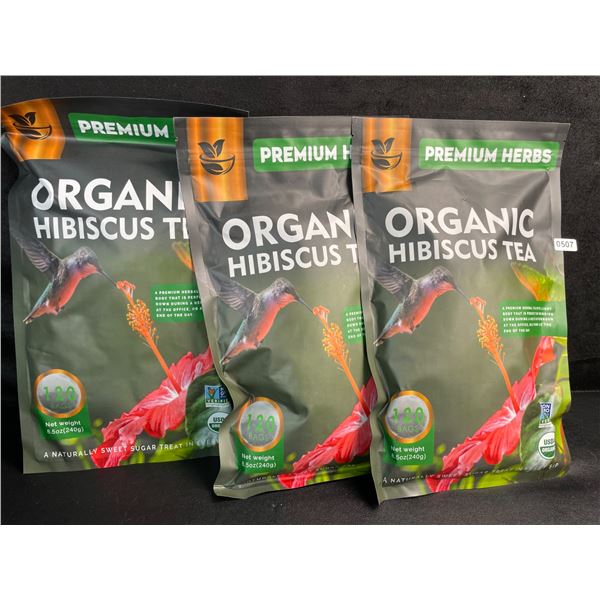 3 Bags of Premium Herbs Organic Hibiscus Herbal Tea - 120 Tea Bags Each - New (Exp: 02/2026)