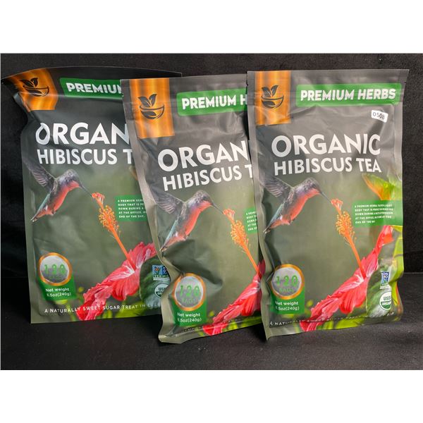 3 Bags of Premium Herbs Organic Hibiscus Herbal Tea - 120 Tea Bags Each - New (Exp: 02/2026)