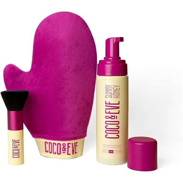 Coco & Eve Sunny Honey Bali Bronzing Bundle - Self-Tanning Bronzer, Mitt Applicator, & Kabuki Brush