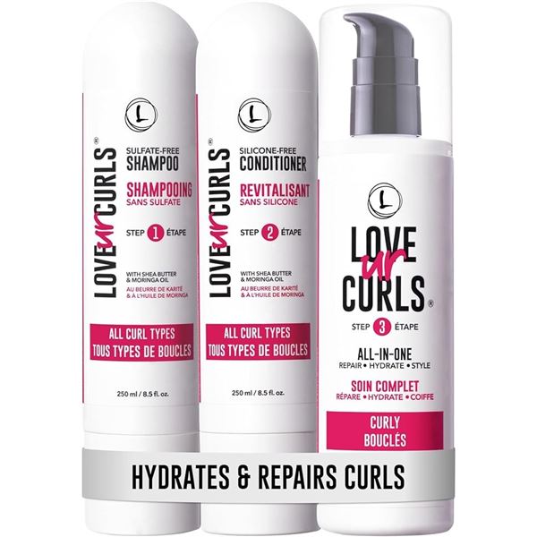Love Ur Curls Curly Hair 3-Step System - Shampoo, Conditioner & All-In-One Styler 3PC Set - New!