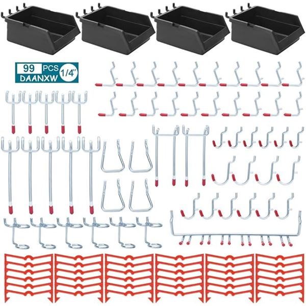 99PC Pegboard Accessories Set - 1/4" Metal Pegboard Hook Set - Assorted Types Included - New