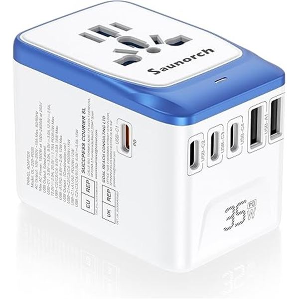 Saunorch Universal Travel Adapter PD 35W International Power Plug Adapter w/ USB-C Ports - New
