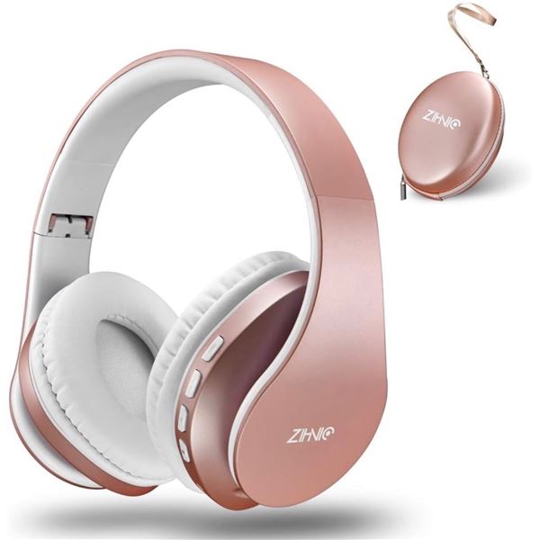Zihnic Rose Gold Bluetooth Over The Ear Headphones with Built in SD Card Slot and Travel Case - New