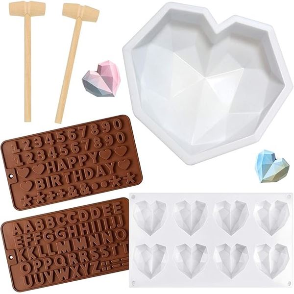 6PC Silicone Mold Set - 8.7" Diamond Heart Shape/Hearts Mold/Letters/Numbers Molds Set - New