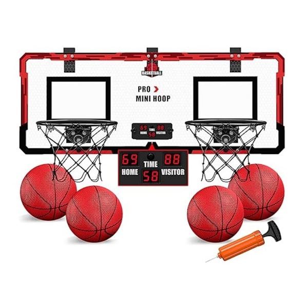 Dual Basketball Hoop (2-Player Hoop) with Built-In LED Scoreboard; Over-The-Door Indoor Hoop - New!