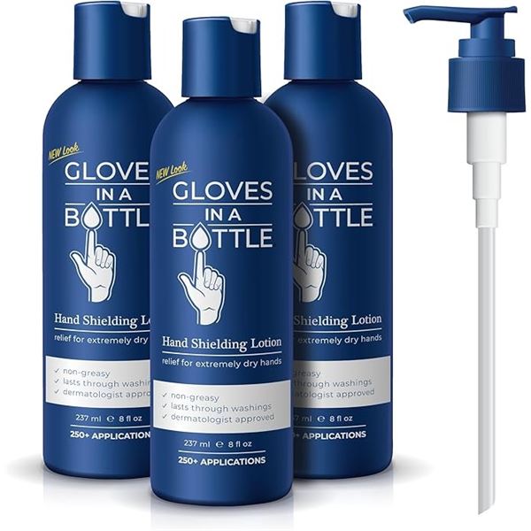 3-Pack of Gloves in a Bottle Shielding Lotion (8oz) For Dry/Itchy Skin; Grease-Less & Scent-Free New