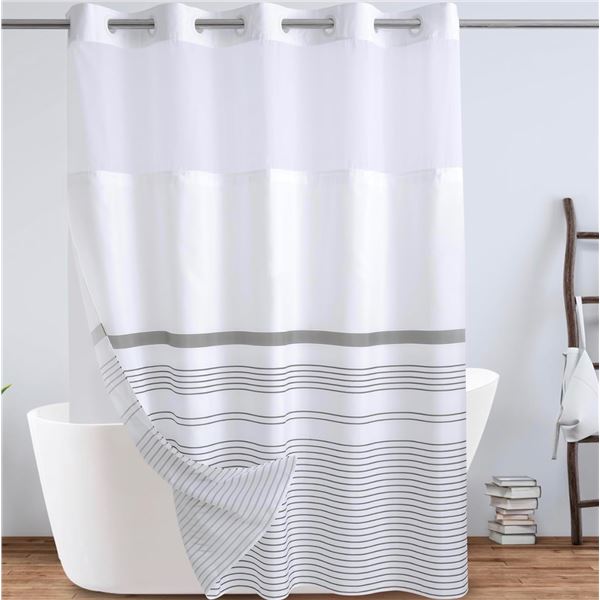 1 Grey/White Boho Fabric Shower Curtain with Snap-In Removable Liner for Bathroom (71" x 74") New