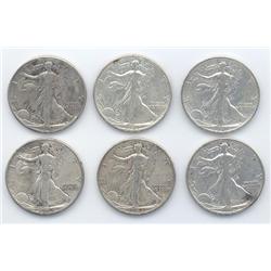Lot of 6 Walking Liberty Half Dollars