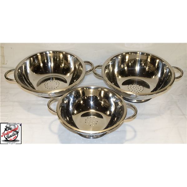 3 NEW WINCO S/S STRAINERS, 2 - LARGE, 1 SMALL
