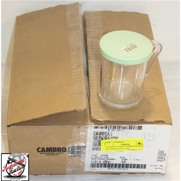 CASE OF 12 NEW CAMBRO SHAKERS W/ PERFERATED LIDS