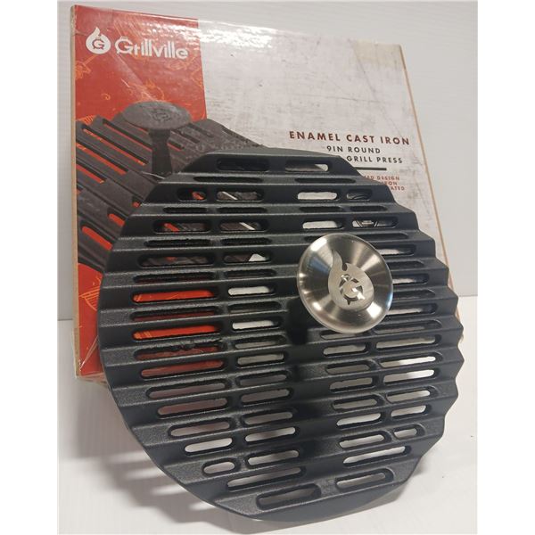 NEW 9" VENTED ROUND ENAMEL CAST IRON GRILL PRESS