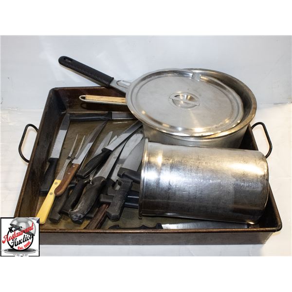 ROASTING PAN 19" X 21" WITH UTENSILS, POTS, BOWLS