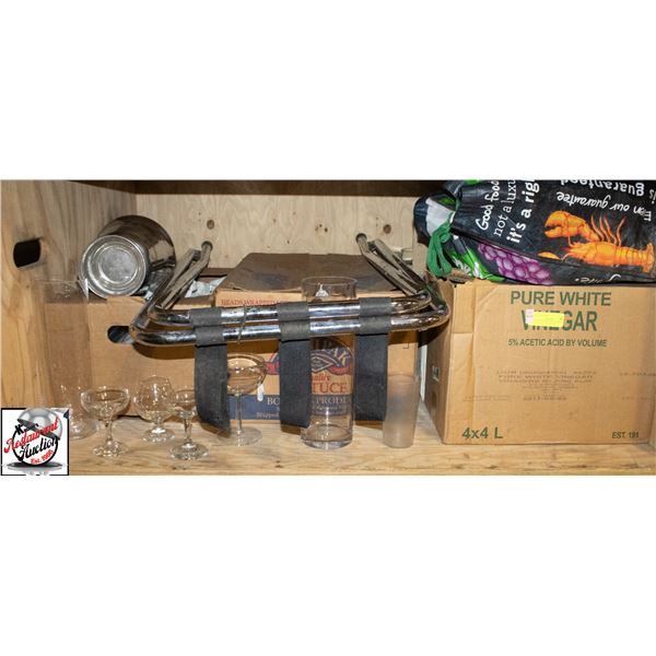 SHELF OF ASSORTED RESTAURANT GLASSWARE / DISHWARE