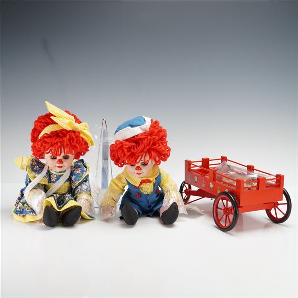 4pc Marie Osmond Miracle Rosie and Rags Porcelain Dolls with Wagon and Bear
