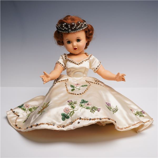 Vintage Hard Plastic Princess Doll in Embroidered Gown with Tiara