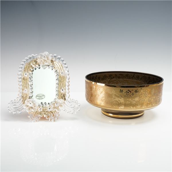 Murano Glass Mirror by Fratelli Tosi and Bohemia Crystal Gilt Glass Bowl