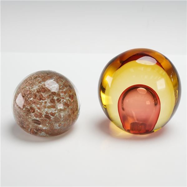 2pc Murano Italian Gold Glass Orb plus Sommerso Bubble Paperweights
