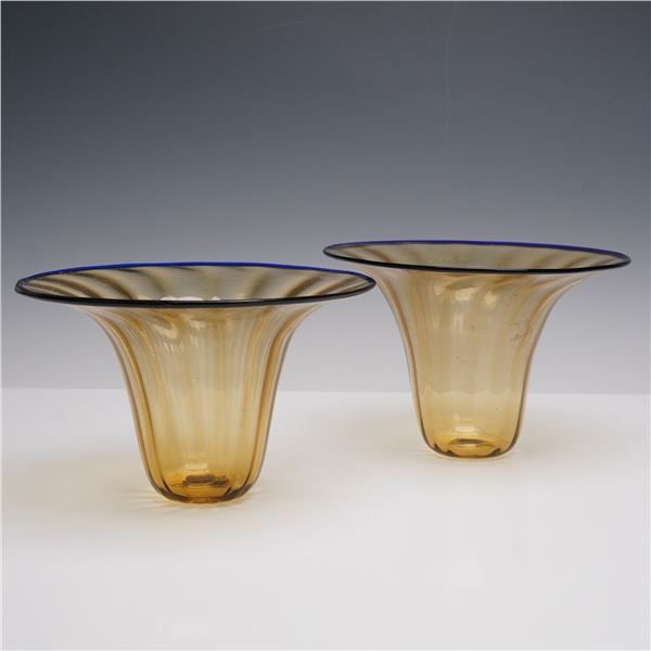 Pair of Blown Glass Lampshades with Blue Rim