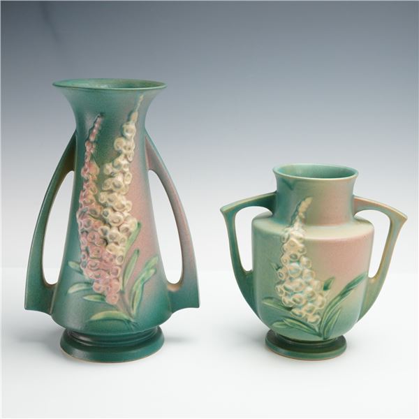 2pc Roseville Pottery Dual Handled Vases, Foxglove