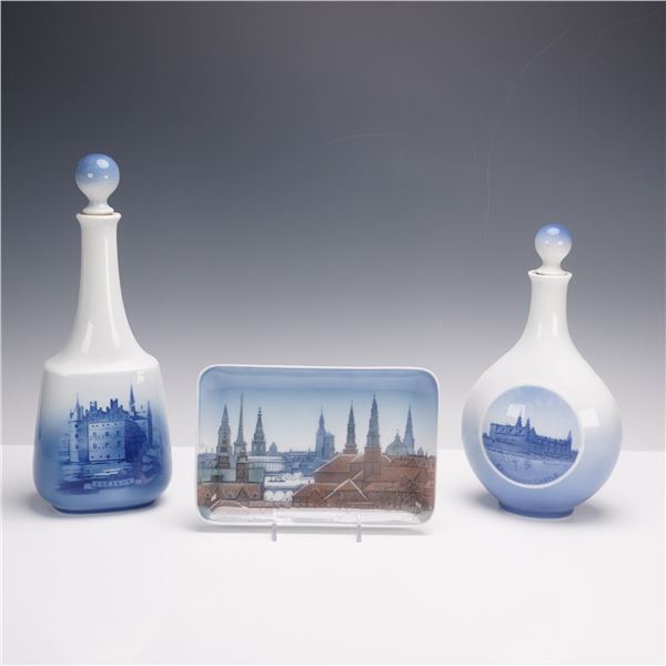 3pc Royal Copenhagen Porcelain Decanters with Stoppers and B&G Tray
