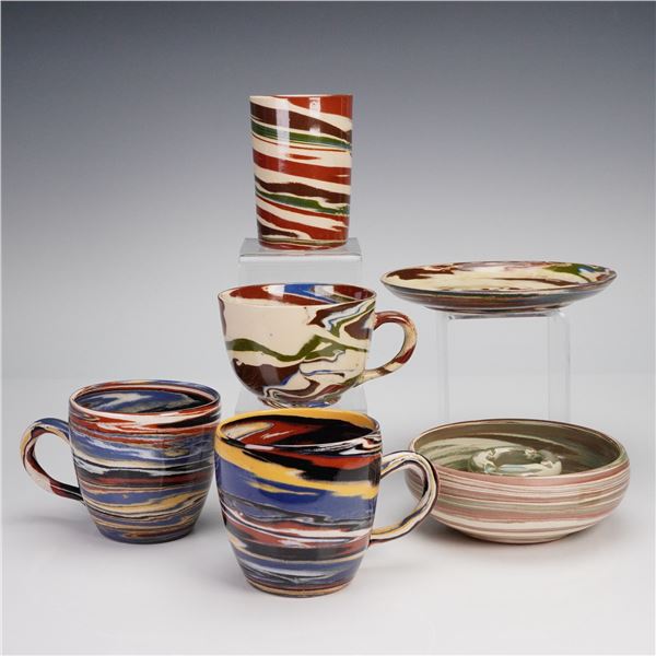 6pc Desert Sands Pottery Swirlware Set- Cups, Saucer, Glass & Ashtray