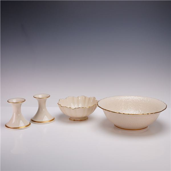 4pc Lenox Porcelain Tableware with 24K Gold Trim, Bowls & Candle Holders