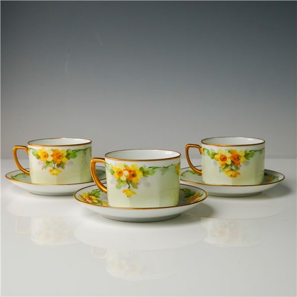 6pc Hand-Painted Yellow Floral Porcelain Cup & Saucer Trio, Austria