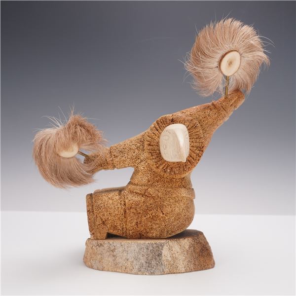 Whale Bone Carving Figurine of Raven Dancer with Fur Accents