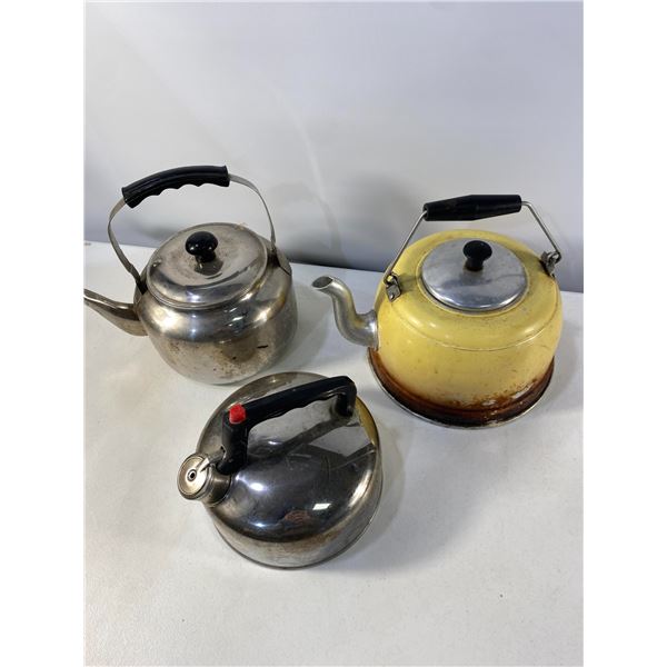 Group of Three Vintage Metal Tea Kettles