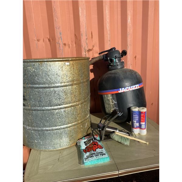 Galvanized Barrel, Jacuzzi Filter & Tools