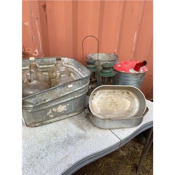 Galvanized Tubs, Oil Cans & Jug Lot